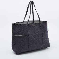 Tory Burch Navy Blue Felt Fabric and Patent Leather Block-T Shopper Tote