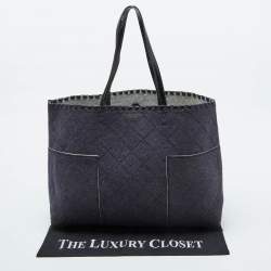 Tory Burch Navy Blue Felt Fabric and Patent Leather Block-T Shopper Tote