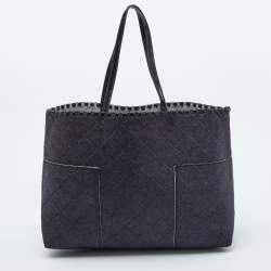 Tory Burch Navy Blue Felt Fabric and Patent Leather Block-T Shopper Tote
