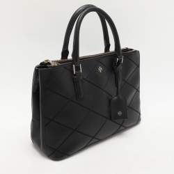 Pre Owned Tory Burch Black Wild Stitch Leather Robinson Double Zip Tote