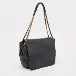 Tory Burch Black Braided Leather Marion Flap Shoulder Bag