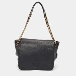 Tory Burch Black Braided Leather Marion Flap Shoulder Bag