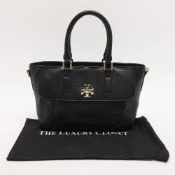 Tory Black Grained Leather Turnlock Flap Tote