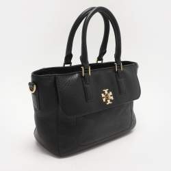 Tory Black Grained Leather Turnlock Flap Tote