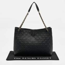 Pre Owned Tory Burch Black Quilted Leather Marion Tote