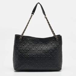 Pre Owned Tory Burch Black Quilted Leather Marion Tote