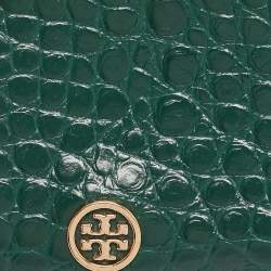 Tory Burch Green Croc Embossed Leather Robinson Zip Card Case