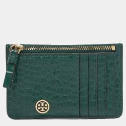 Tory Burch Green Croc Embossed Leather Robinson Zip Card Case