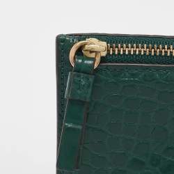 Tory Burch Green Croc Embossed Leather Robinson Zip Card Case