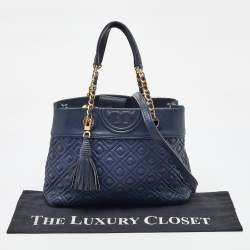 Tory Burch Navy Blue Quilted Leather Small Fleming Tote
