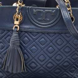 Tory Burch Navy Blue Quilted Leather Small Fleming Tote