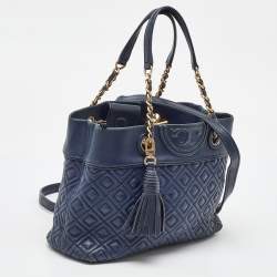 Tory Burch Navy Blue Quilted Leather Small Fleming Tote
