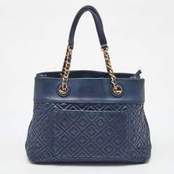 Tory Burch Navy Blue Quilted Leather Small Fleming Tote