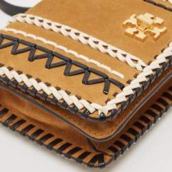 Pre Owned Tory Burch Tan/Black Leather and Suede Whipstitch Kira Crossbody Bag