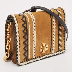 Pre Owned Tory Burch Tan/Black Leather and Suede Whipstitch Kira Crossbody Bag