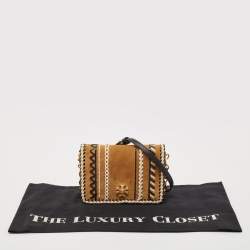 Pre Owned Tory Burch Tan/Black Leather and Suede Whipstitch Kira Crossbody Bag