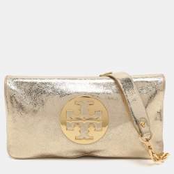 Pre Owned Tory Burch Metallic Gold Leather Reva Shoulder Bag