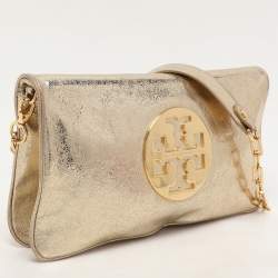 Pre Owned Tory Burch Metallic Gold Leather Reva Shoulder Bag