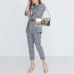 Pre Owned Tory Burch Metallic Gold Leather Reva Shoulder Bag