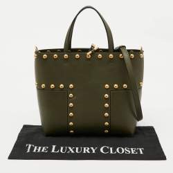 Pre Owned Tory Burch Olive Green Leather Block-T Stud Tote