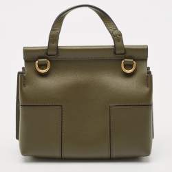 Pre Owned Tory Burch Olive Green Leather Mini Studded Block-T Top Handle Bag
