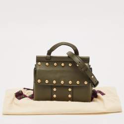 Pre Owned Tory Burch Olive Green Leather Mini Studded Block-T Top Handle Bag