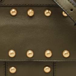 Pre Owned Tory Burch Olive Green Leather Mini Studded Block-T Top Handle Bag