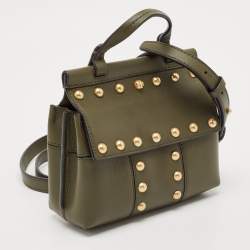 Pre Owned Tory Burch Olive Green Leather Mini Studded Block-T Top Handle Bag