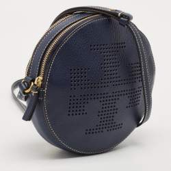 Tory Burch Navy Blue Leather T Perforated Logo Round Crossbody Bag