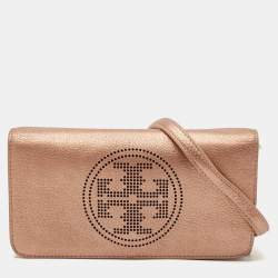 Tory Burch Bronze Leather T Perforated Logo Crossbody Bag