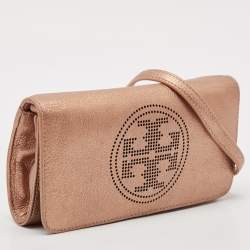 Tory Burch Bronze Leather T Perforated Logo Crossbody Bag