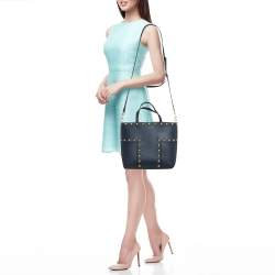 Tory Burch Navy Blue Leather Mini Block-T Stud Tote