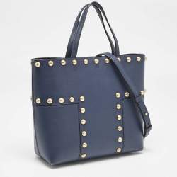 Tory Burch Navy Blue Leather Mini Block-T Stud Tote