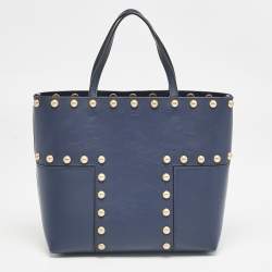 Tory Burch Navy Blue Leather Mini Block-T Stud Tote