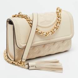 Tory Burch Light Beige Leather Small Fleming Shoulder Bag