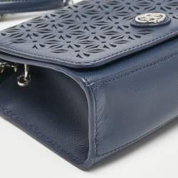 Pre Owned Tory Burch Navy Blue Laser Cut Leather Robinson Shoulder Bag