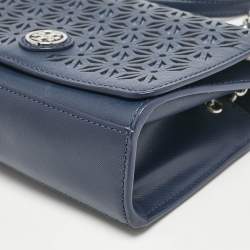 Pre Owned Tory Burch Navy Blue Laser Cut Leather Robinson Shoulder Bag