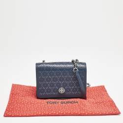 Pre Owned Tory Burch Navy Blue Laser Cut Leather Robinson Shoulder Bag