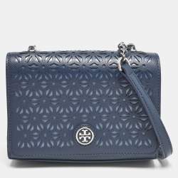 Pre Owned Tory Burch Navy Blue Laser Cut Leather Robinson Shoulder Bag