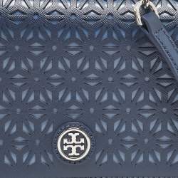 Pre Owned Tory Burch Navy Blue Laser Cut Leather Robinson Shoulder Bag