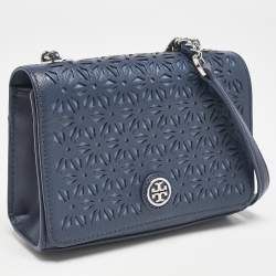 Pre Owned Tory Burch Navy Blue Laser Cut Leather Robinson Shoulder Bag