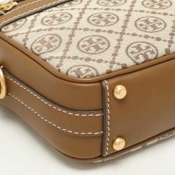 Tory Burch Brown/Beige T Monogram Jacquard and Leather Crossbody Bag