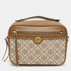 Tory Burch Brown/Beige T Monogram Jacquard and Leather Crossbody Bag