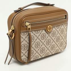 Tory Burch Brown/Beige T Monogram Jacquard and Leather Crossbody Bag