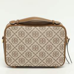 Tory Burch Brown/Beige T Monogram Jacquard and Leather Crossbody Bag