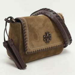 Tory Burch Green Leather and Suede Whipstitch Flap Bag