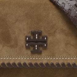 Tory Burch Green Leather and Suede Whipstitch Flap Bag