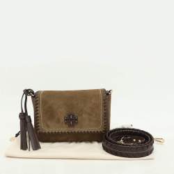 Tory Burch Green Leather and Suede Whipstitch Flap Bag