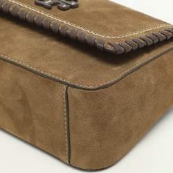Tory Burch Green Leather and Suede Whipstitch Flap Bag