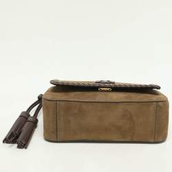 Tory Burch Green Leather and Suede Whipstitch Flap Bag